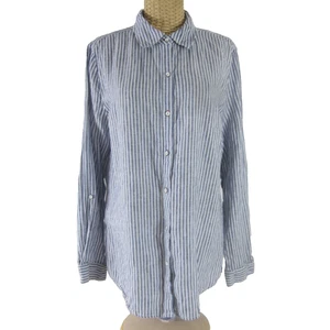 Sigrid Olsen Womens M Blue White Striped Long Sleeve 100% Linen Shirt Blouse - Picture 1 of 11
