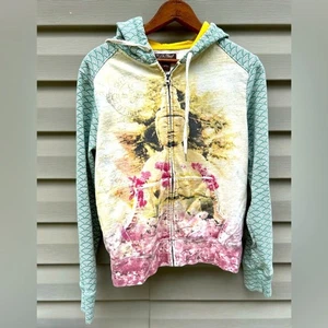 Felpa con cappuccio Buddha vintage marca Lucky rara zip fiori di ciliegio Y2K taglia M - Foto 1 di 8