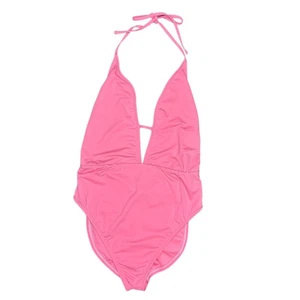 Neu mit Etikett The Bikini Lab rückenfreier Neckholder-Badeanzug einfarbig pink tief ausgeschnitten Medium - Bild 1 von 5