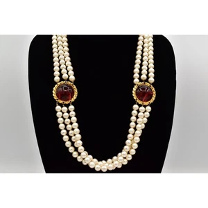 Collana Vintage Cabochon Perle Statement Oro Viola Grosso Triplo Filo Pattumiera3B - Foto 1 di 12