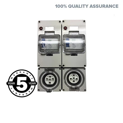 2x 3 Phase 20 AMP 5 Pin RCD Safety Switch Outlet IP66 Waterproof Outdoor Socket - Image 1 of 4