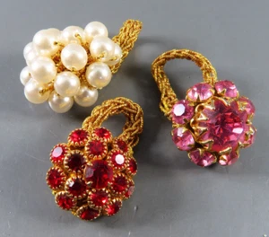 VTG LOT OF 3, Gold Stretch Band Rings FAUX PEARL CLUSTER Red & Pink Rhinestones - Picture 1 of 8