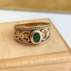 Vintage 14K Yellow Gold Oval Emerald + Diamond Byzantine Etruscan Cigar Ring 7