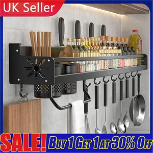 Kitchen Rack Wall Mounted Utensil Rack Kitchen Shelf Organiser Spice Racks Hooks - Picture 1 of 16
