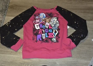 Monster High Sweatshirt Girls Size XL Pink Black Ghoul Kids Rule! Sequin Sleeves - Picture 1 of 8