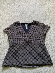 Villager Women Geometric Short Sleeve V-Neck Side Zip Blouse Multicolor Size 10 - Picture 1 of 10