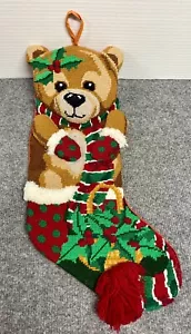 Vintage Needlepoint Christmas Stocking 19" Teddy Bear 3D Lined - Picture 1 of 5