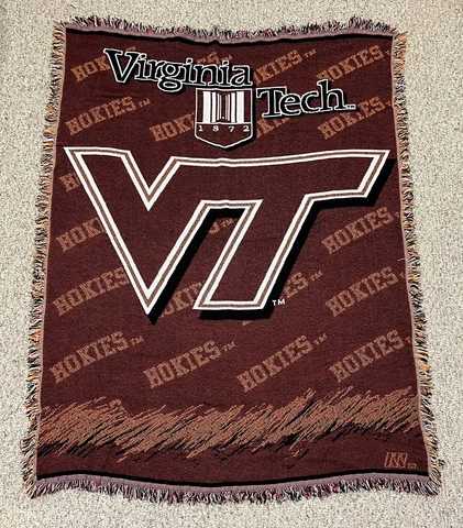 Vintage Virginia Tech Hokies Football VT Tapestry Throw Blanket 62x42” Fringe Cover