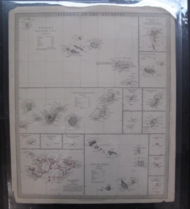 Antike handkolorierte Landkarte Inseln im Atlantik Azoren Kanarische Falklandinseln. 1836 - Bild 1 von 3