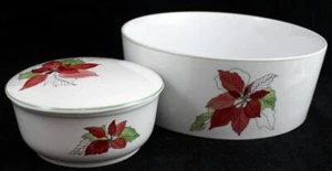 Block Poinsettia Lot of Round Vegetable Bowl and Round Box with Lid - Picture 1 of 6