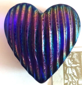Robert Held RHAG SIGNED Ribbed Blue Iridescent Art Glass Heart Paperweight - Picture 1 of 6