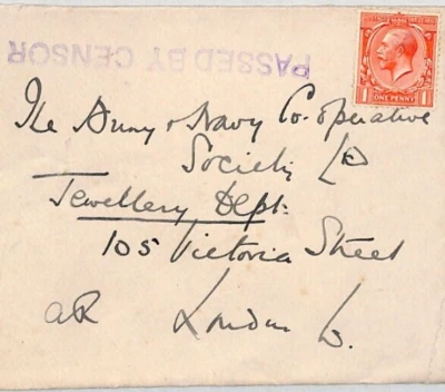 GB WW1 Cover Violet *PASSED BY CENSOR*London Army & Navy Co-operative YB186 - Image 1 of 4