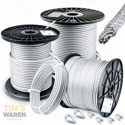TIM'S WAREN 6mm - STAHLSEIL PVC SET: 2 Kauschen 4 Klemmen Seil Seile Drahtseil DIN ummantelt