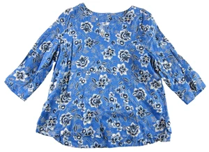 J. Jill 100% Leinen blau orange Blumen V-Ausschnitt 3/4 Arm Tunika Bluse Large - Bild 1 von 4