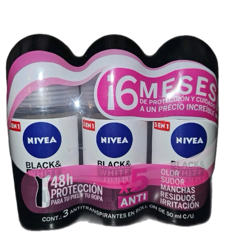 Nivea Roll On para Mujer Blanco y Negro Invisible Transparente 50ml 72 Horas Fresco - Pack 3 Foto 1 de 1