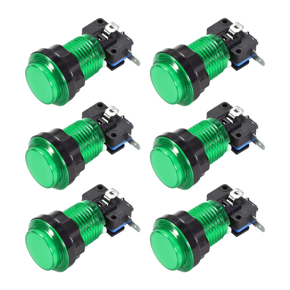 Game Push Button 33.5mm 12V LED Illuminated Switch with Micro switch Green 6pcs - Image 1 of 4