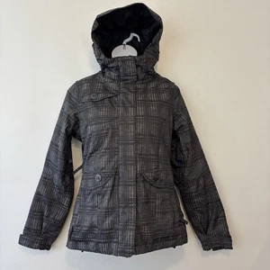 686 Reserved Glanz Jacke Mantel Damen klein grau schwarz kariert Kapuze Taschen Reißverschluss  - Bild 1 von 10
