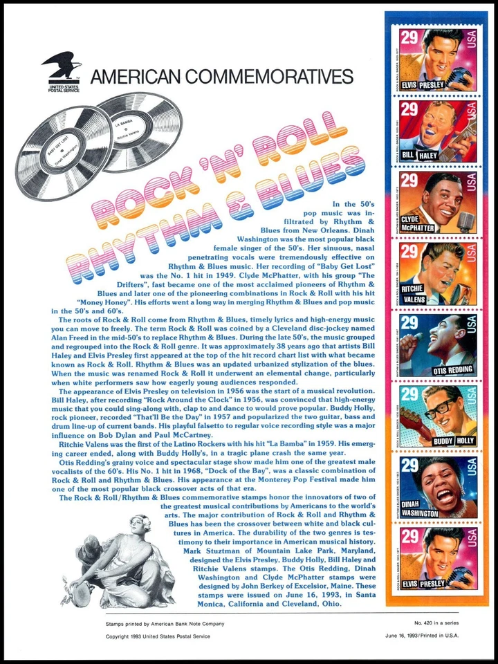 1993 Rock 'N' Roll Rhythm & Blues CP420 commemorative panel 420 MNH Sc 2737b - Image 1 of 1