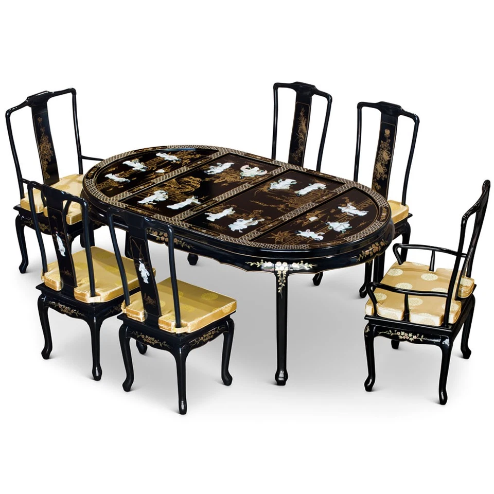 US SELLER - Black Lacquer Mother of Pearl Oval Chinese Dining Set w Six Chairs - Image 1 of 4