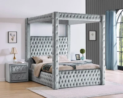 3pc Glam King Canopy Bed Nightstands Set Rich Gray Velvet Fabric Upholstery - Image 1 of 4