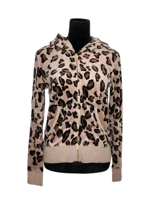 Juicy Couture Leopard Print Velour Full Zip Hooded Jacket Sz L Crown Y2K Flawed - Image 1 of 4