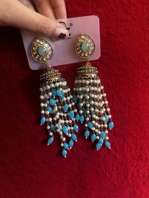 Indische Jhumka Ohrringe Gold Türkis | Perlen | Lange Hänger | Ethno Schmuck - Bild 1 von 4