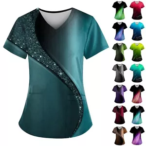 Women Plus Size Printed Scrub Working Uniform Tops V-Neck Short Sleeve T-Shirt5 - Picture 1 of 62