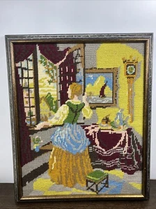Mid-century Vintage Needlepoint of Woman at the Window by Vermeer German Canvas - Picture 1 of 7