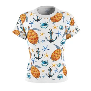 Sea Turtle Women’s T-Shirt Beach Theme Tropical Tee Ocean Print Summer Top - Picture 1 of 7