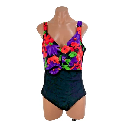 Traje de baño vintage años 80 Carol Wior de una pieza neón floral talla grande 16 corbata frontal Foto 1 de 4