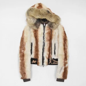Vintage Womens PRADA Fur Jacket Hooded Calf Leather Wool Beige Brown Zip 36 - Picture 1 of 13