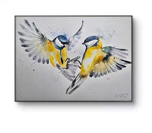Original watercolour painting signed by Elle Smith Art of Great Tit Birds, decor - Picture 1 of 9
