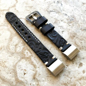 Black and Gray Embossed Leather Watch Strap Band for Fitbit Charge 6 5 and 4 - Picture 1 of 8