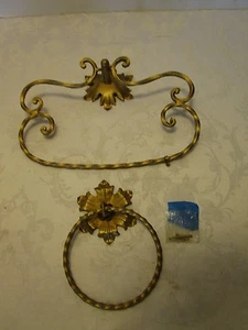 Vintage Italian Gilded Metal set 2 Pc Towel Rack & Ring bath Accessories 1960's - Picture 1 of 9