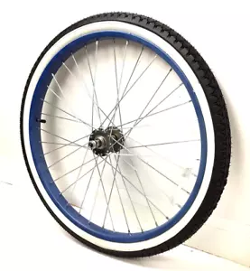 24" Bicycle Blue Front Wheel with 2.125" Whitewall Tire Beach Cruiser Bike #J26 - Picture 1 of 3