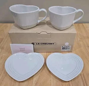 Le Creuset Set of 2 HEART Mugs with Saucers Stoneware WHITE New in Box - Picture 1 of 4