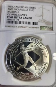 Nicaragua 2007 Silver 10 Codobas Ibero-American Baseball NGC PR69 proof - Picture 1 of 2