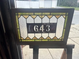 ~ ANTIQUE STAINED GLASS TRANSOM WINDOW ADDRESS 643 ~ 32 X 22 ~ SALVAGE - Picture 1 of 11
