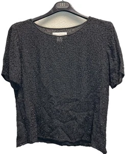 Doncaster Women Beaded Blouse Silk Georgette Top Size 4 Black Short Sleeve Lined - Picture 1 of 6