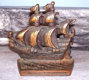 Vintage einzelne Buchstütze Gusseisen verkupfert Segelschiff - Bild 1 von 7