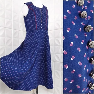 Vintage 70s Blue Prairie Dress Cotton Handmade Floral Pocket Cottage Midi M-L - Picture 1 of 13