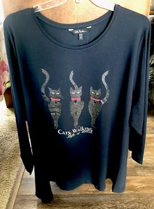 Ulla Popken T-Shirt Top L/S Blue Multi Cat Walking US 32/34 EU 62/64 CTN BL NWT - Picture 1 of 16