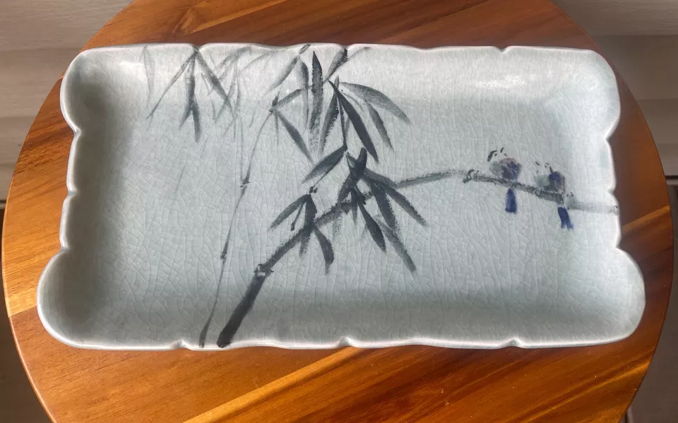 Vintage Birds Bamboo Light Blue Scalloped Handmade Art Pottery Tray 13”-Signed - Image 1 of 4
