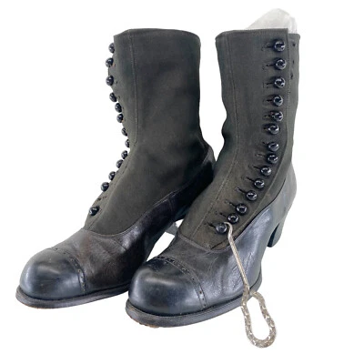 Antique Victorian Edwardian Boots Black Leather Cap Toe Block Heel Button Hook - Image 1 of 4
