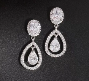 18k White Gold Filled Dangle Earrings made w/ Swarovski Crystal Stone Bridal - Picture 1 of 12