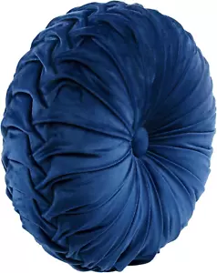 round Pleated Soft Velvet Decorative Throw Pillow, 1 Count, 15" Diameter, Navy - - Picture 1 of 12