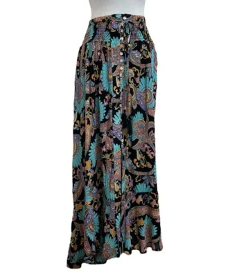 Haute Hippie Black & Floral Print Button Front Asymmetrical Boho Maxi Skirt sz S - Image 1 of 4