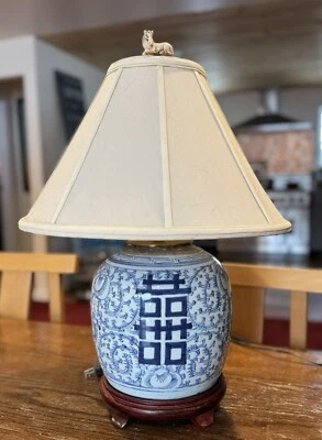 Late 19th Century Chinese Double Happiness Ginger Jar Table Lamp Blue & White - Image 1 of 4