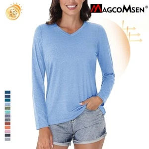 UPF50+ Women's Sun Shirts Long Sleeve V Neck Quick Dry Outdoor Running Hiking Te - Picture 1 of 26
