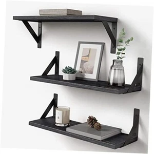 Black Floating Shelves Bathroom Set of 3, Wooden Wall Book Shelves Grey Black - Picture 1 of 8